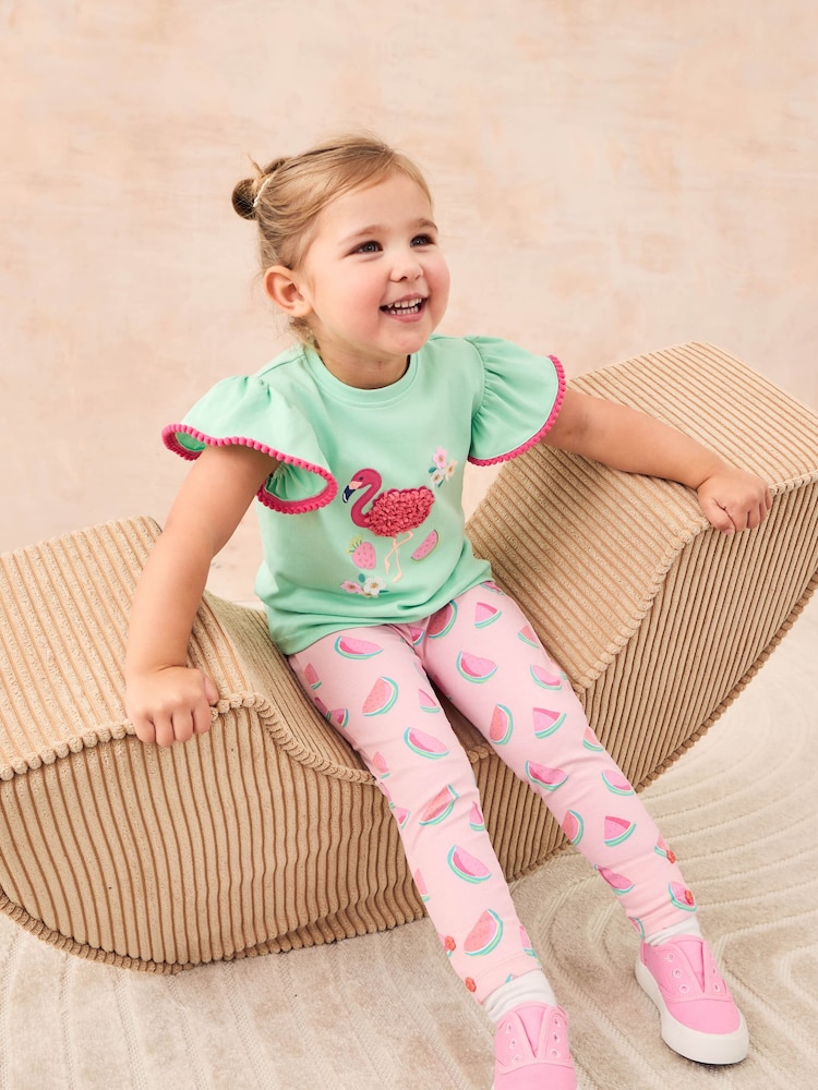 JoJo Maman Bébé Mint Green Flamingo Appliqué T-Shirt & Leggings Set 2 Piece - Image 3 of 4