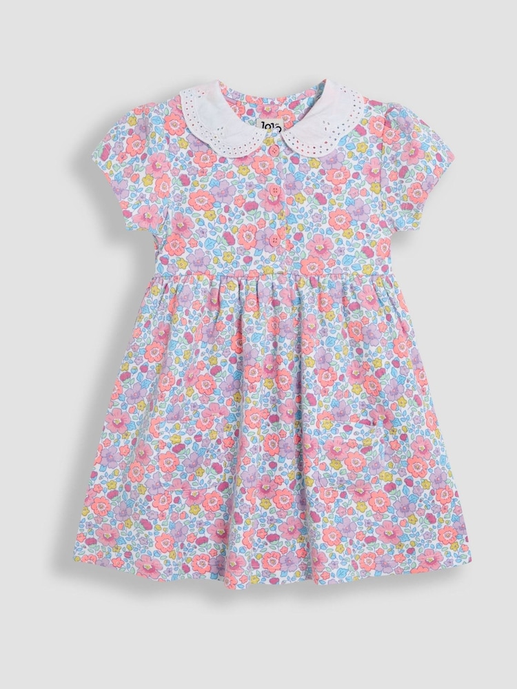 Estampa floral lilás roxa - Vestido JoJo Maman Bébé Peter Pan com gola e botões frontais 100% algodão - Imagem 1 de 4