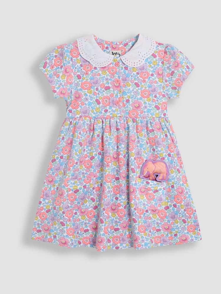 Estampa floral lilás roxa - Vestido JoJo Maman Bébé Peter Pan com gola e botões frontais 100% algodão - Imagem 2 de 4