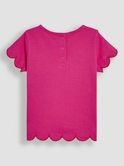 JoJo Maman Bébé Fuchsia Pink Bee & Flower 100% Cotton Scallop Hem Appliqué Pocket T-Shirt - Image 2 of 4