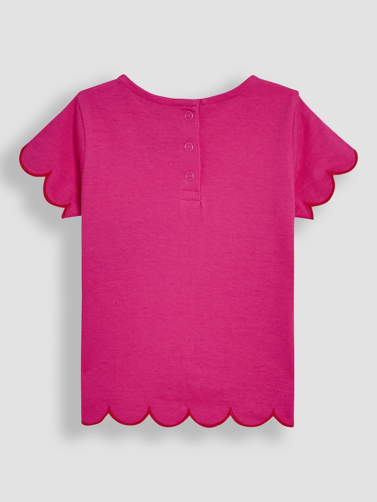 JoJo Maman Bébé Fuchsia Pink Bee & Flower 100% Cotton Scallop Hem Appliqué Pocket T-Shirt - Image 2 of 4