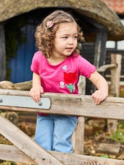 JoJo Maman Bébé Fuchsia Pink Bee & Flower 100% Cotton Scallop Hem Appliqué Pocket T-Shirt - Image 4 of 4