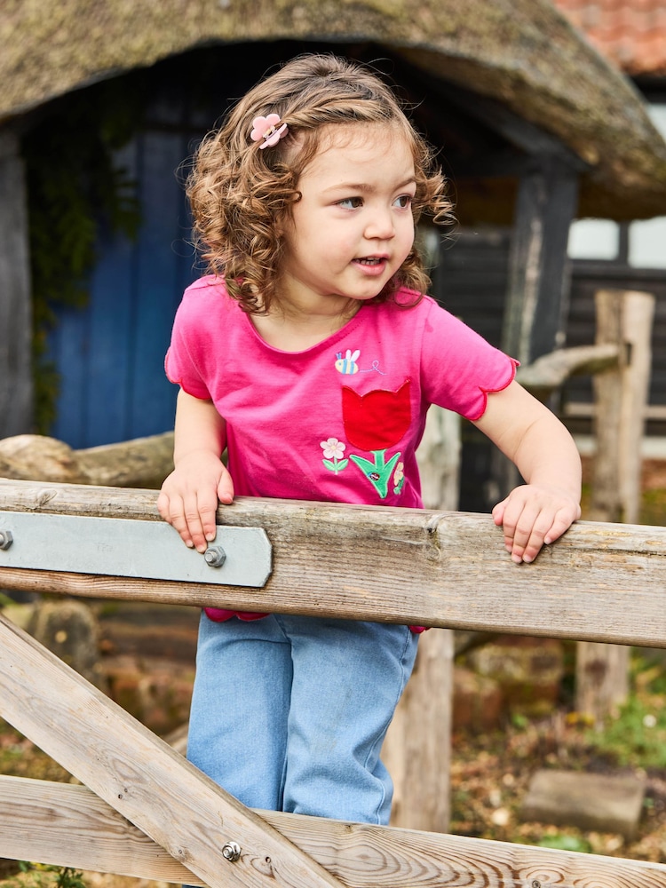 JoJo Maman Bébé Fuchsia Pink Bee & Flower 100% Cotton Scallop Hem Appliqué Pocket T-Shirt - Image 4 of 4