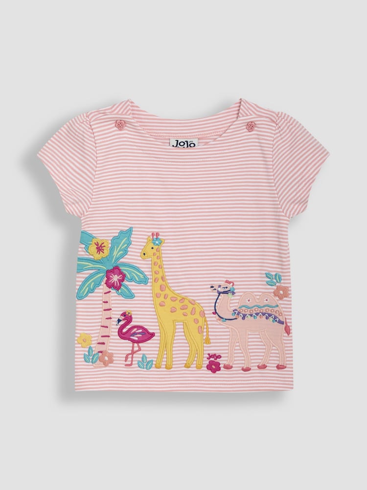 JoJo Maman Bébé Coral Pink Safari Animal Print Appliqué 100% Cotton T-Shirt - Image 1 of 3