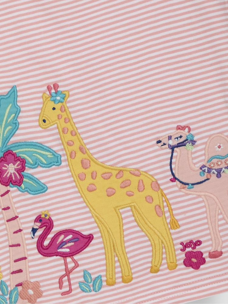 JoJo Maman Bébé Coral Pink Safari Animal Print Appliqué 100% Cotton T-Shirt - Image 3 of 3