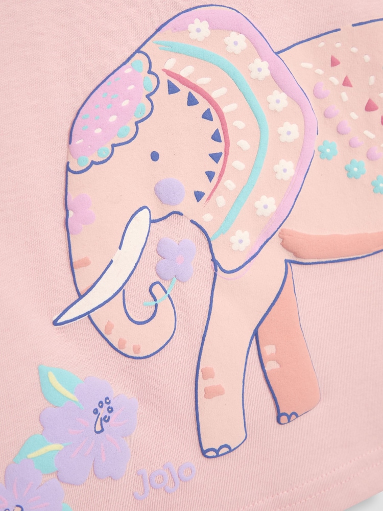 JoJo Maman Bébé Coral Pink Elephant Printed 100% Cotton T-Shirt - Image 3 of 3