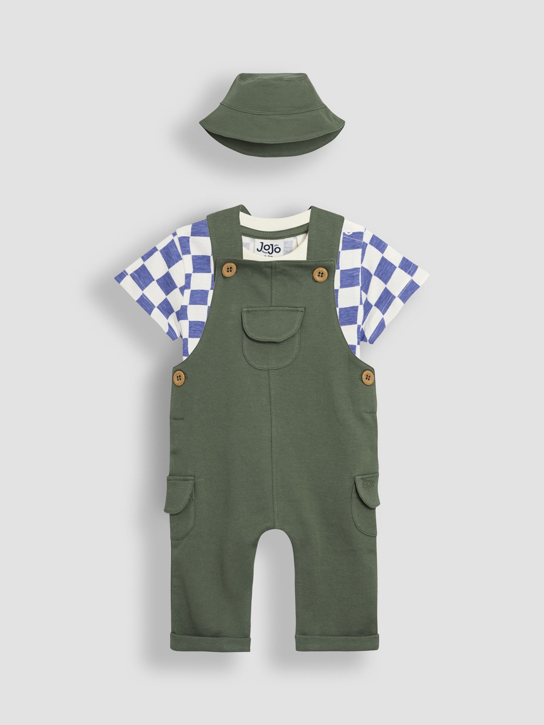 JoJo Maman Bébé Khaki 3-Piece Cargo 100% Cotton Dungarees & T-Shirt Set with Hat