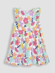 JoJo Maman Bébé Coral Pink Jungle Floral Frill Shoulder Summer Dress - Image 1 of 3