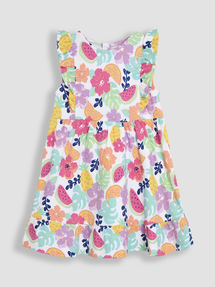 JoJo Maman Bébé Coral Pink Jungle Floral Frill Shoulder Summer Dress - Image 1 of 3 JoJo Maman Bébé Coral Pink Jungle Floral Frill Shoulder Summer Dress - Image 1 of 3