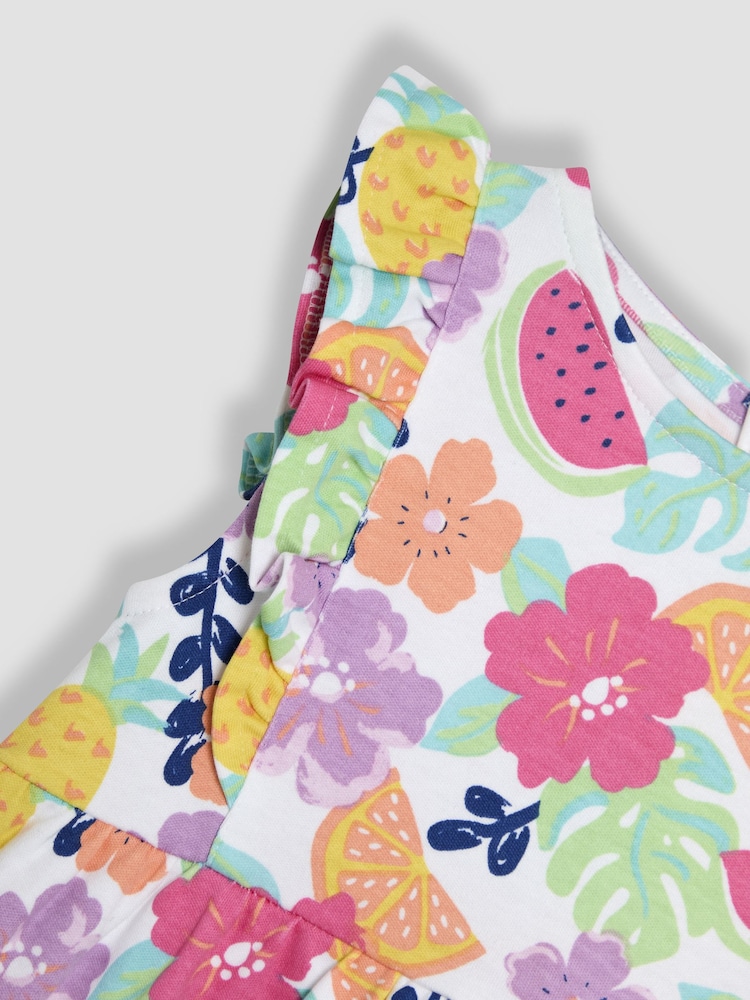 JoJo Maman Bébé Coral Pink Jungle Floral Frill Shoulder Summer Dress - Image 3 of 3