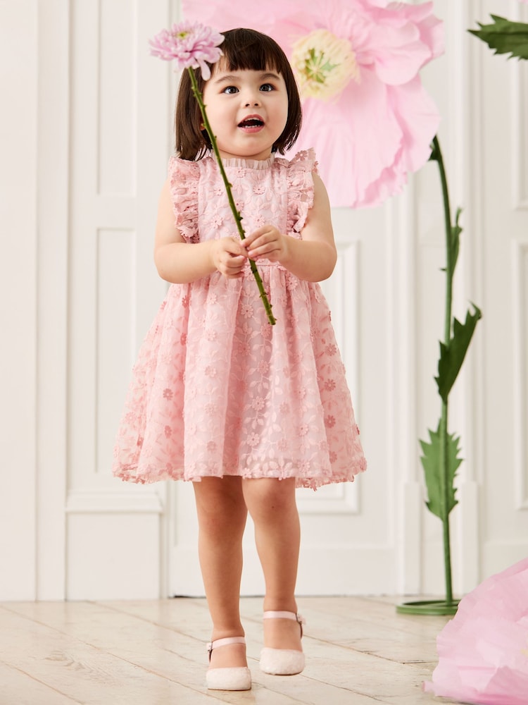 JoJo Maman Bébé Pale Pink Embroidered Lace Frill Flower Print Girl Dress - Image 1 of 8