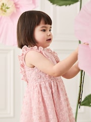 JoJo Maman Bébé Pale Pink Embroidered Lace Frill Flower Print Girl Dress - Image 3 of 8