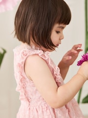 JoJo Maman Bébé Pale Pink Embroidered Lace Frill Flower Print Girl Dress - Image 4 of 8