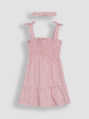 JoJo Maman Bébé Pink Floral Smocked Pretty Sun Dress With Headband - Image 1 of 4