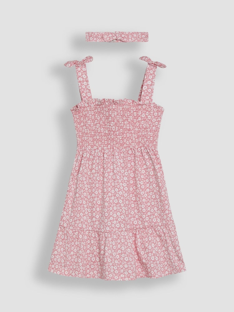 JoJo Maman Bébé Pink Floral Smocked Pretty Sun Dress With Headband - Image 1 of 4