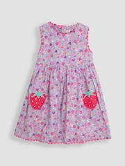 JoJo Maman Bébé Pink Strawberry Summer Sleeveless Appliqué 100% Cotton Dress - Image 1 of 3