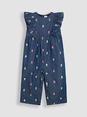 JoJo Maman Bébé Chambray Blue Floral Embroidered Frill Shoulder Jumpsuit - Image 2 of 4