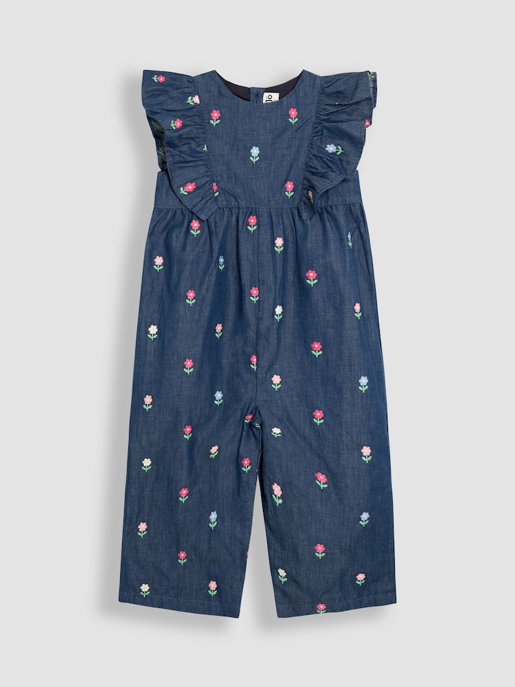 JoJo Maman Bébé Chambray Blue Floral Embroidered Frill Shoulder Jumpsuit - Image 2 of 4