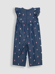 JoJo Maman Bébé Chambray Blue Floral Embroidered Frill Shoulder Jumpsuit - Image 3 of 4