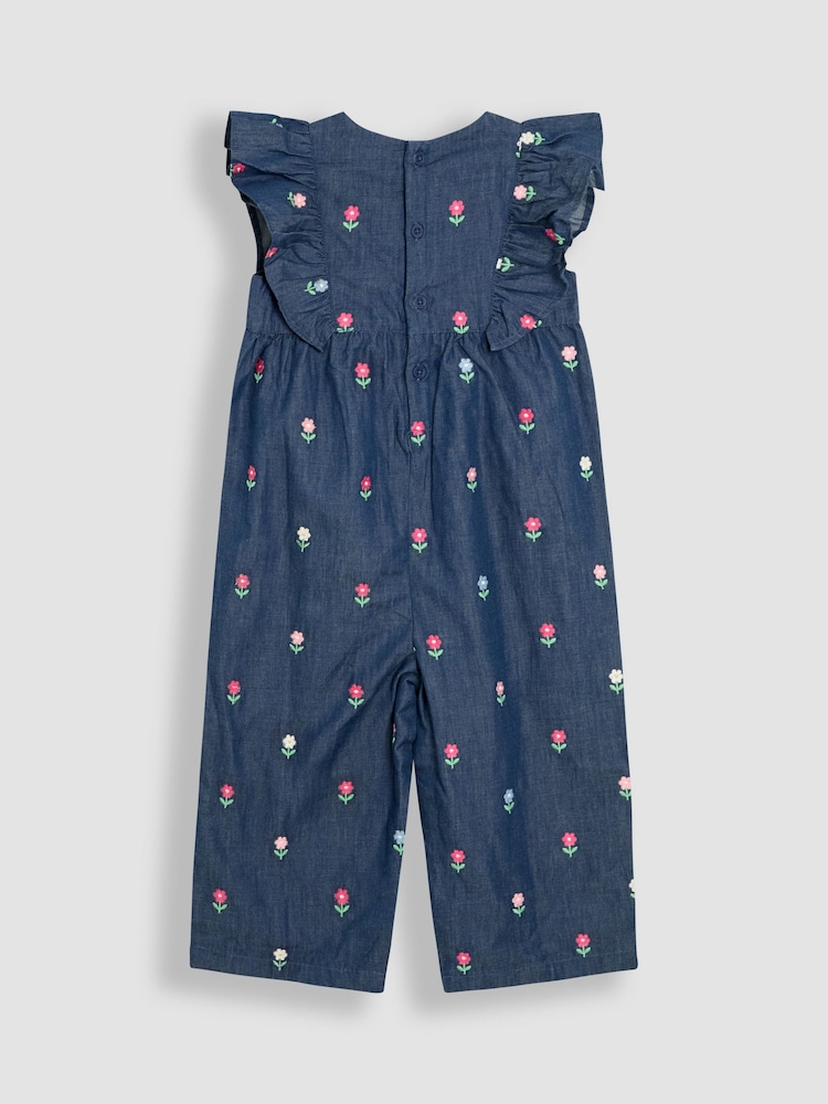 JoJo Maman Bébé Chambray Blue Floral Embroidered Frill Shoulder Jumpsuit - Image 3 of 4