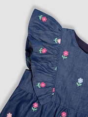 JoJo Maman Bébé Chambray Blue Floral Embroidered Frill Shoulder Jumpsuit - Image 4 of 4