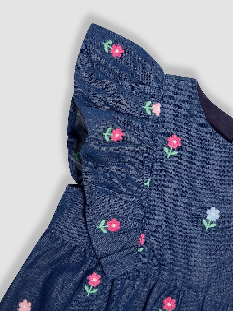 JoJo Maman Bébé Chambray Blue Floral Embroidered Frill Shoulder Jumpsuit - Image 4 of 4