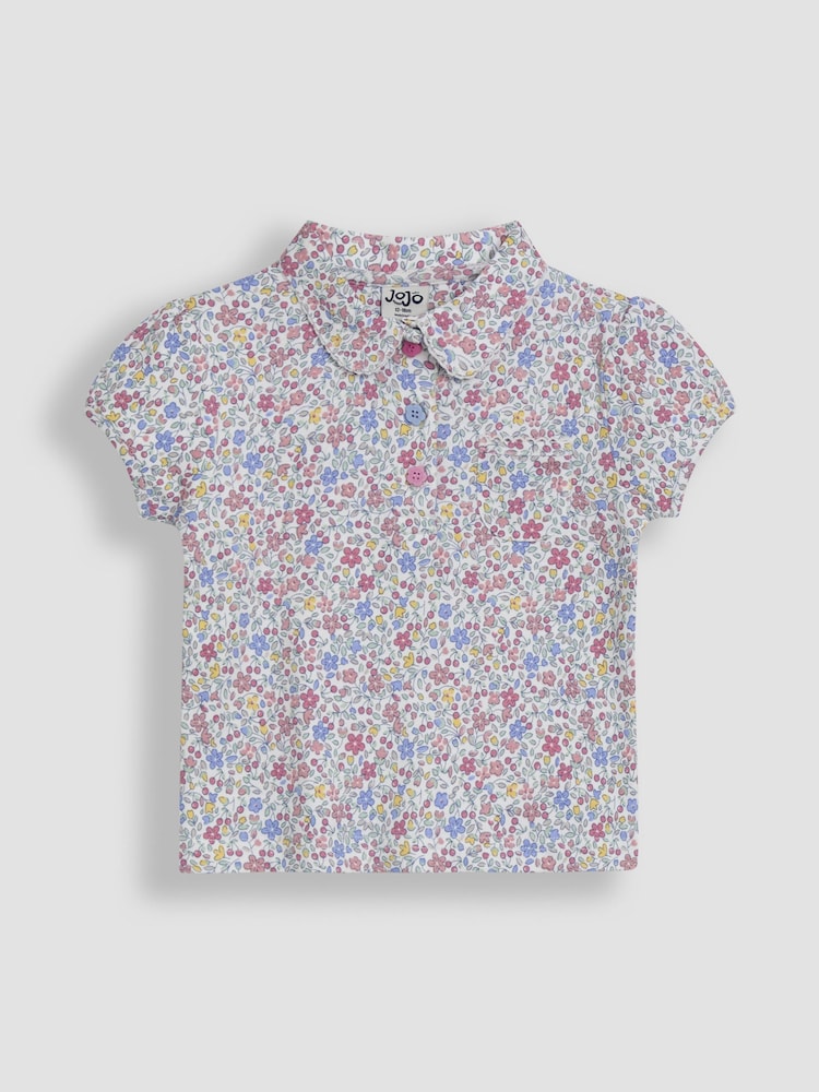 JoJo Maman Bébé Pink Cherry Ditsy Floral 100% Cotton Pretty Polo Shirt - Image 1 of 3