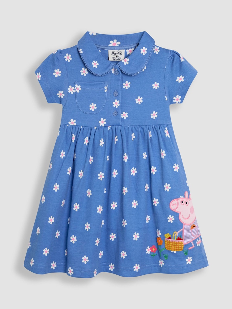 JoJo Maman Bébé Blue Peppa Pig Appliqué Button Front 100% Cotton Dress - Image 1 of 3