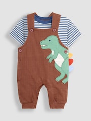 JoJo Maman Bébé Brown TRex 2-Piece Appliqué Dungarees & T-Shirt Set - Image 1 of 6