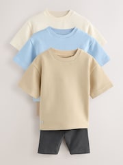 Multi Neutral Short Sleeve Textured T-Shirts & Cycling Shorts 3 Pack (3mths-7yrs) - Image 3 of 12