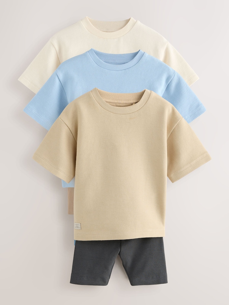 Multi Neutral Short Sleeve Textured T-Shirts & Cycling Shorts 3 Pack (3mths-7yrs) - Image 3 of 14