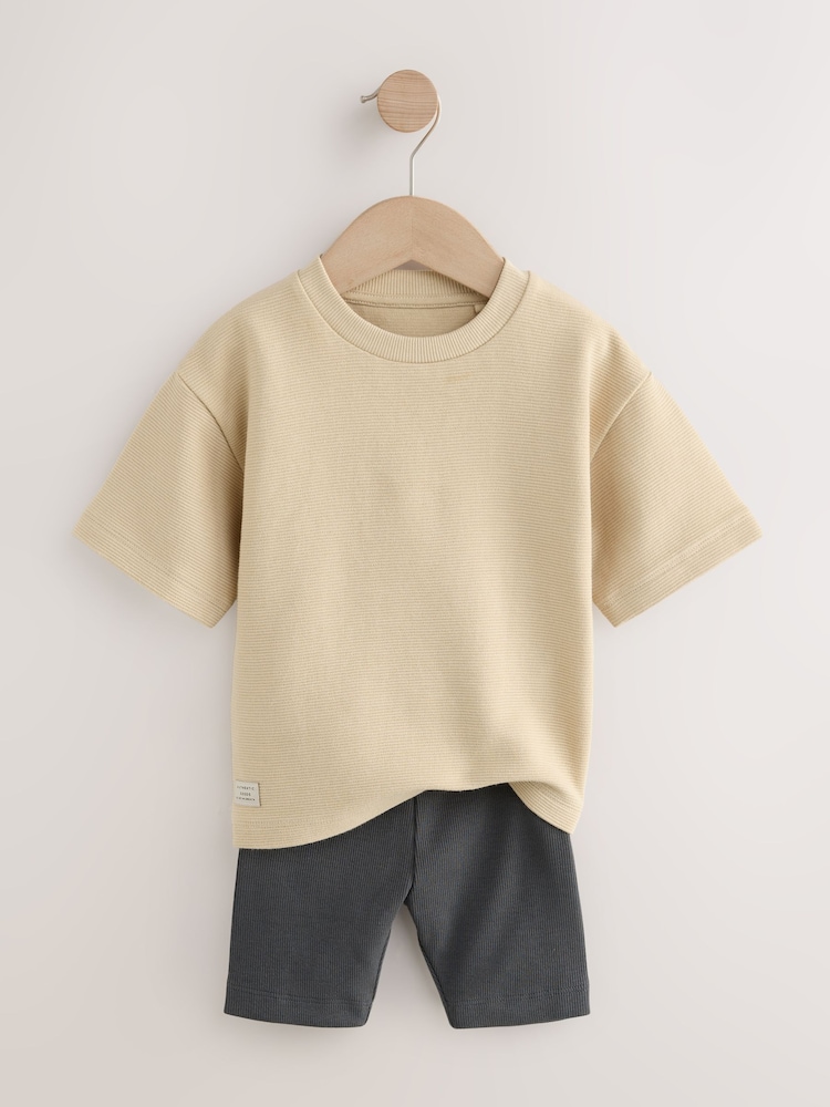 Multi Neutral Short Sleeve Textured T-Shirts & Cycling Shorts 3 Pack (3mths-7yrs) - Image 5 of 14