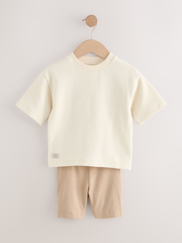 Multi Neutral Short Sleeve Textured T-Shirts & Cycling Shorts 3 Pack (3mths-7yrs) - Image 8 of 14