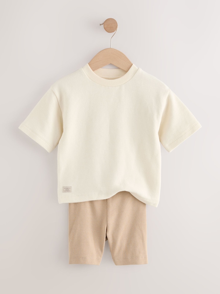 Multi Neutral Short Sleeve Textured T-Shirts & Cycling Shorts 3 Pack (3mths-7yrs) - Image 9 of 14