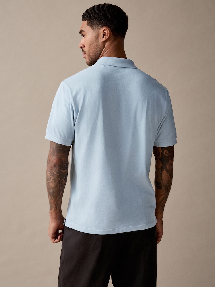 Blue Short Sleeve Cuban Collar Pique Polo Shirt - Image 3 of 8