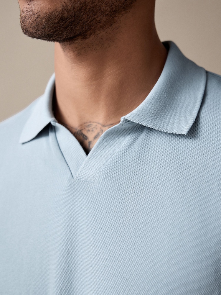 Blue Short Sleeve Cuban Collar Pique Polo Shirt - Image 4 of 8