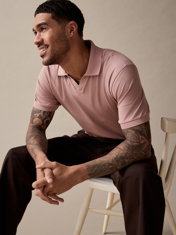 Rose Pink Short Sleeve Cuban Collar Pique Polo Shirt - Image 4 of 8