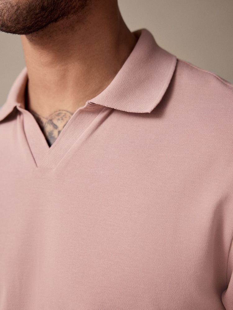 Rose Pink Short Sleeve Cuban Collar Pique Polo Shirt - Image 5 of 8