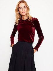 Boden Red Velvet Frill Neck Top - Image 1 of 5