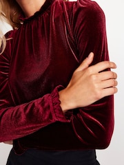 Boden Red Velvet Frill Neck Top - Image 2 of 5