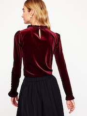 Boden Red Velvet Frill Neck Top - Image 3 of 5