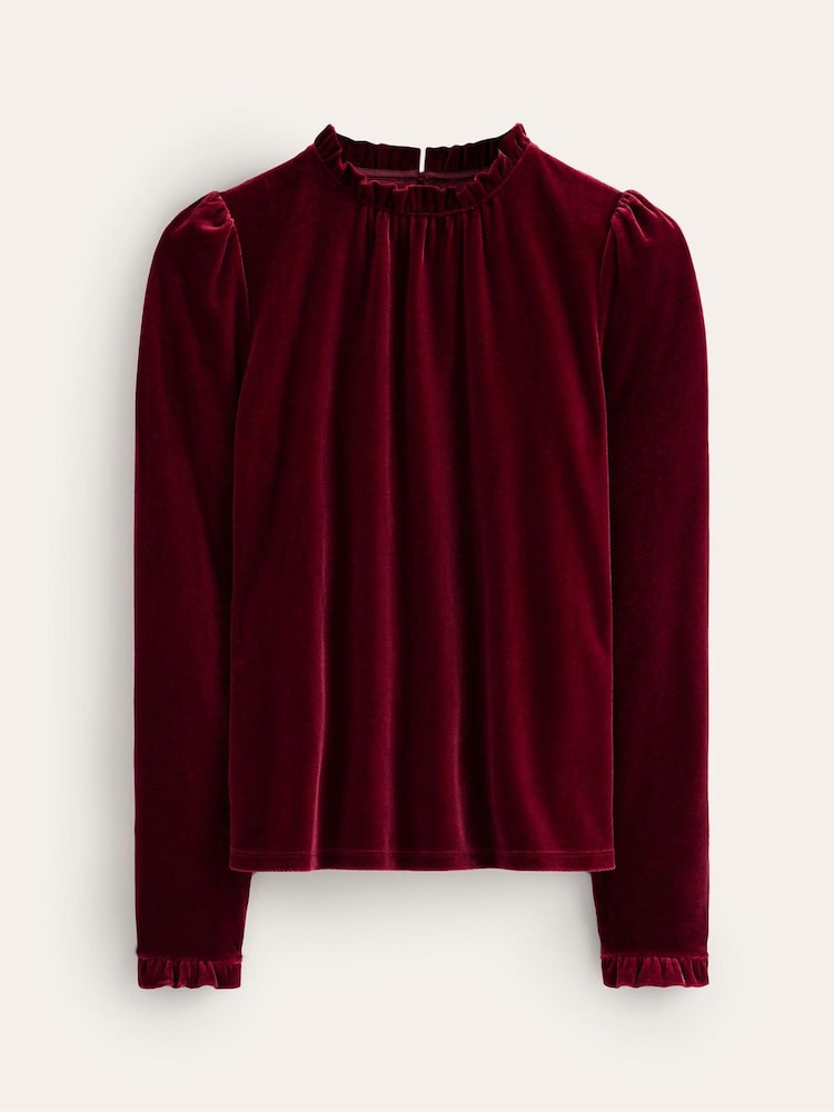 Boden Red Velvet Frill Neck Top - Image 5 of 5
