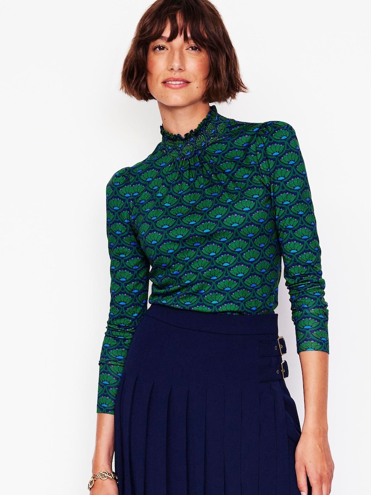 Boden Green Smocked Neck Printed Top - Image 1 of 5