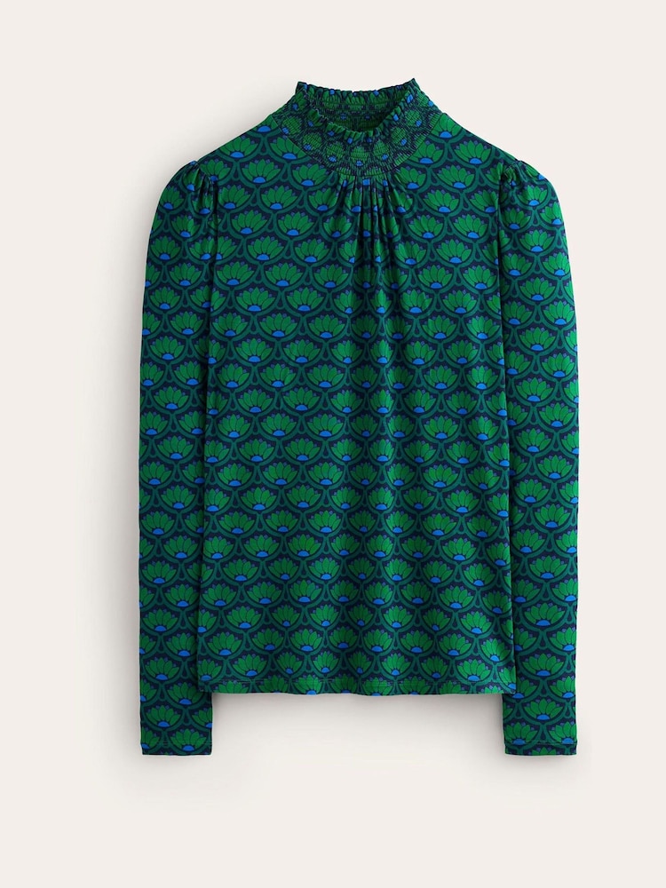 Boden Green Smocked Neck Printed Top - Image 5 of 5