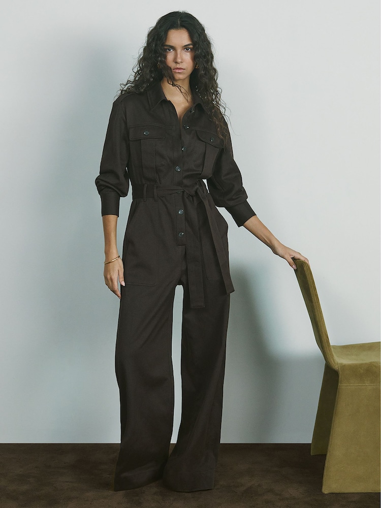 Reiss Burgundy Anais Wide Leg Utility Jumpsuit - Image 1 of 8
