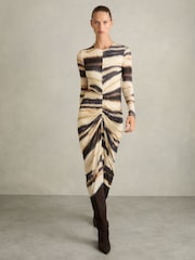 Reiss Neutral/Navy Georgia Jersey Ruched Printed Dress With Wool - Image 1 of 5