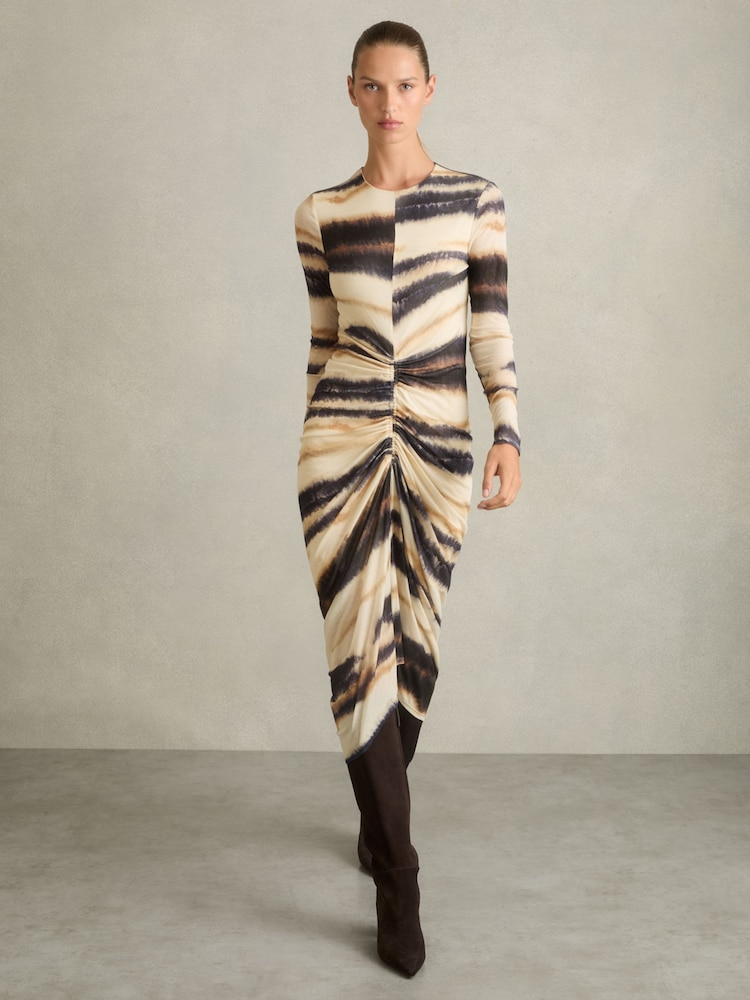 Reiss Neutral/Navy Georgia Jersey Ruched Printed Dress With Wool - Image 1 of 5