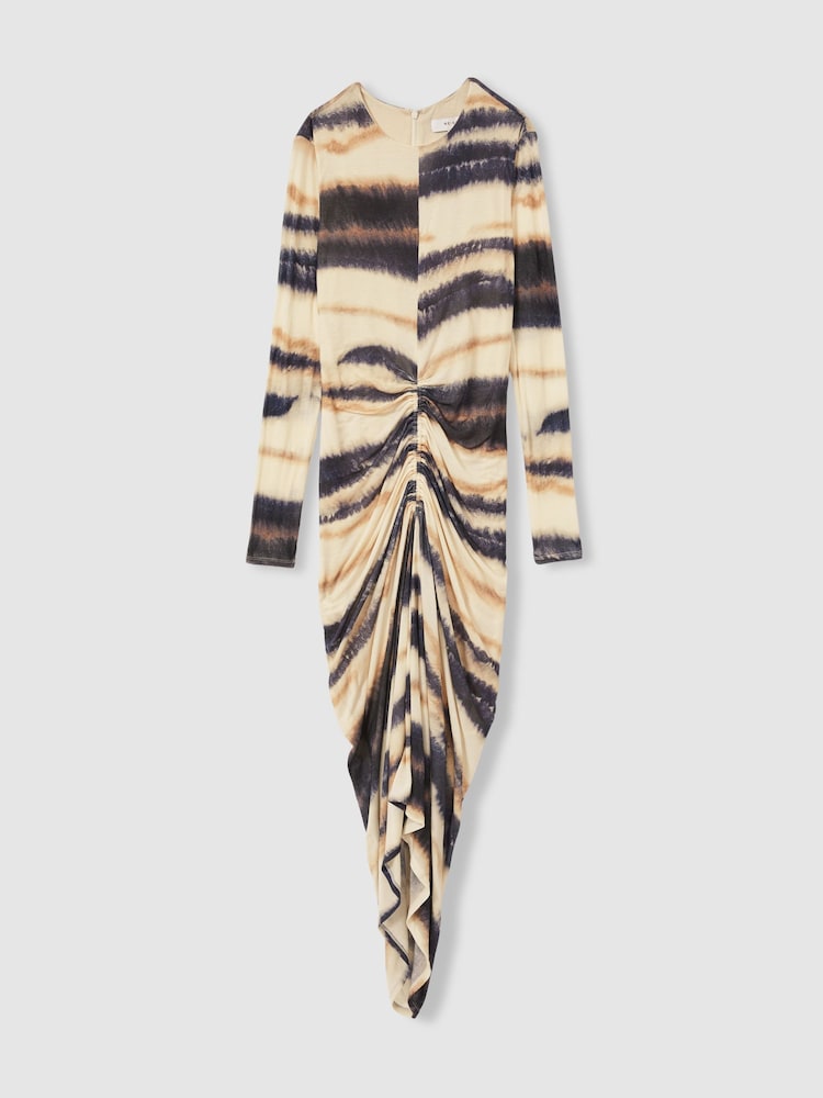 Reiss Neutral/Navy Georgia Jersey Ruched Printed Dress With Wool - Image 2 of 5