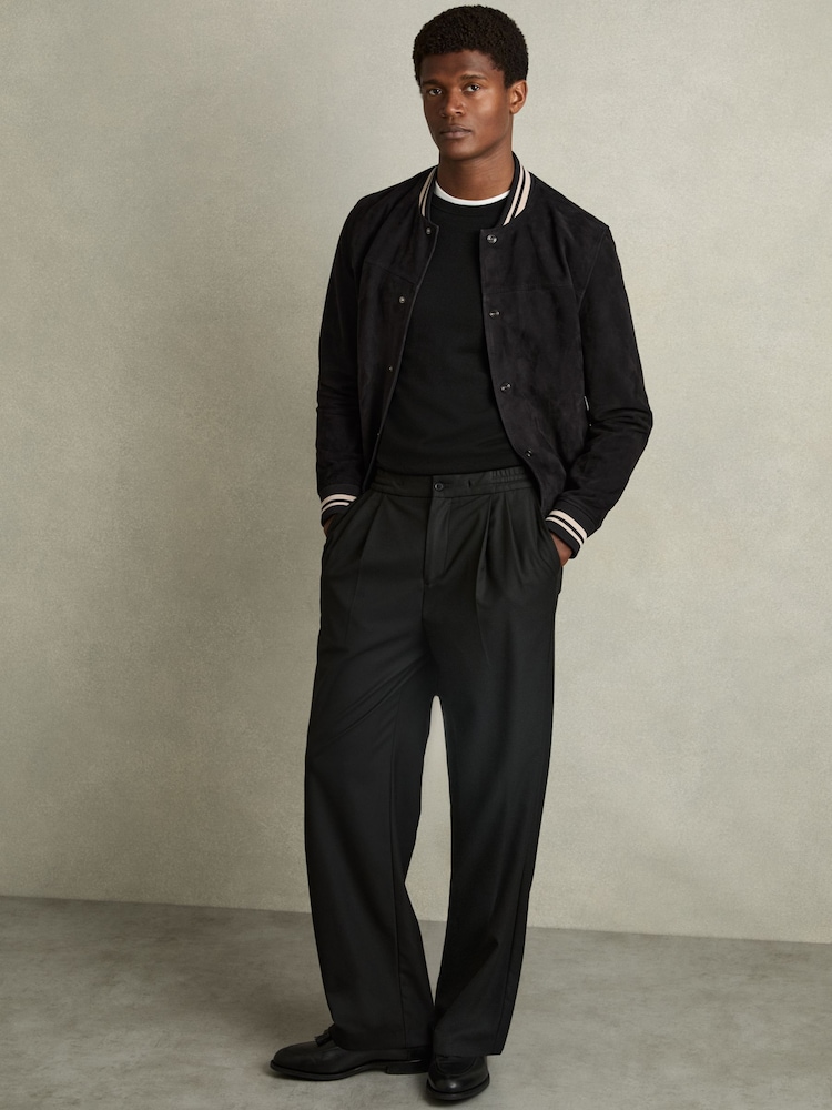 Reiss Navy Banridge Suede Stripe-Trim Bomber Jacket - Image 1 of 7