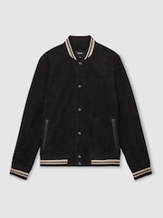 Reiss Navy Banridge Suede Stripe-Trim Bomber Jacket - Image 2 of 7